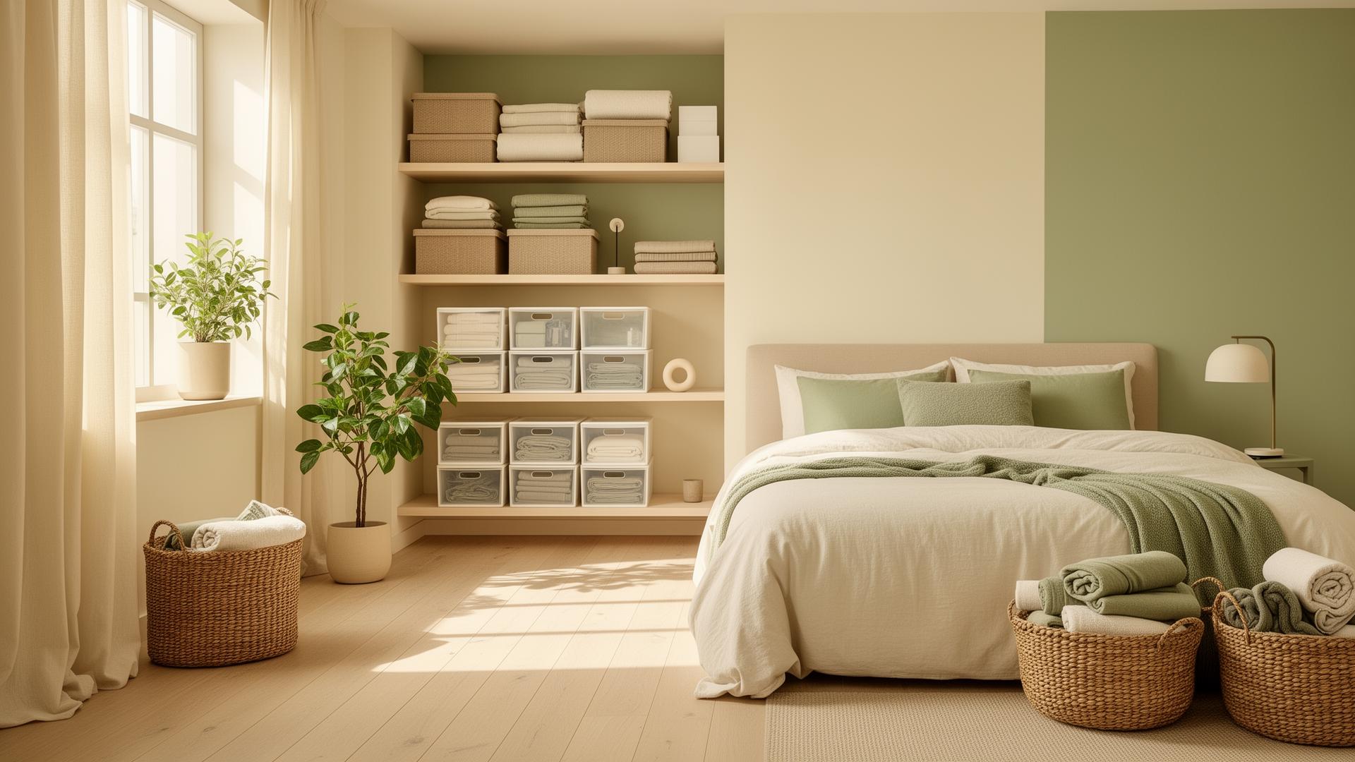 A calm, organized bedroom with storage baskets, plants, and soft sage and cream tones.